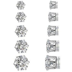 5 Pairs Stainless Steel Non-piercing Cubic Zirconia Stud Earrings Round Magnetic